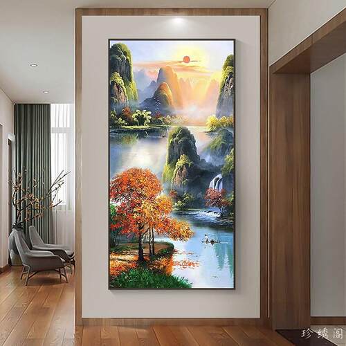 5d玄关钻石画方钻满钻新款山水风景竖版高颜值点钻十字绣粘贴钻画