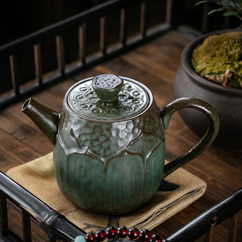 窑变绿粗陶茶壶家用手工简约复古陶瓷中式功夫茶具单壶创意泡茶器