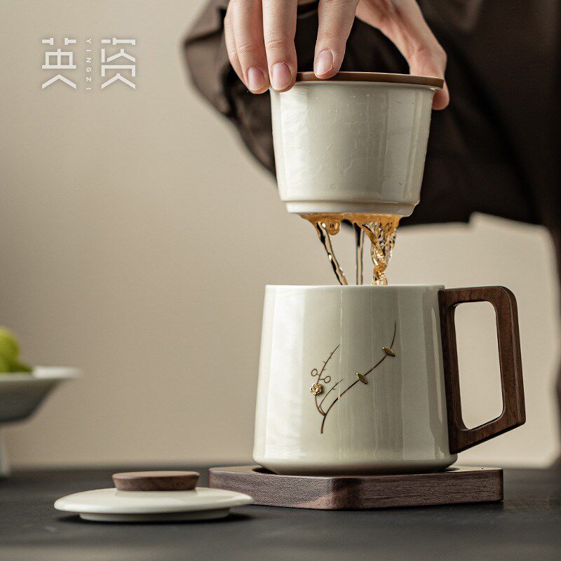 梅花锔钉茶杯茶水分离杯子陶瓷泡茶杯办公室过滤杯滤茶杯高档个人