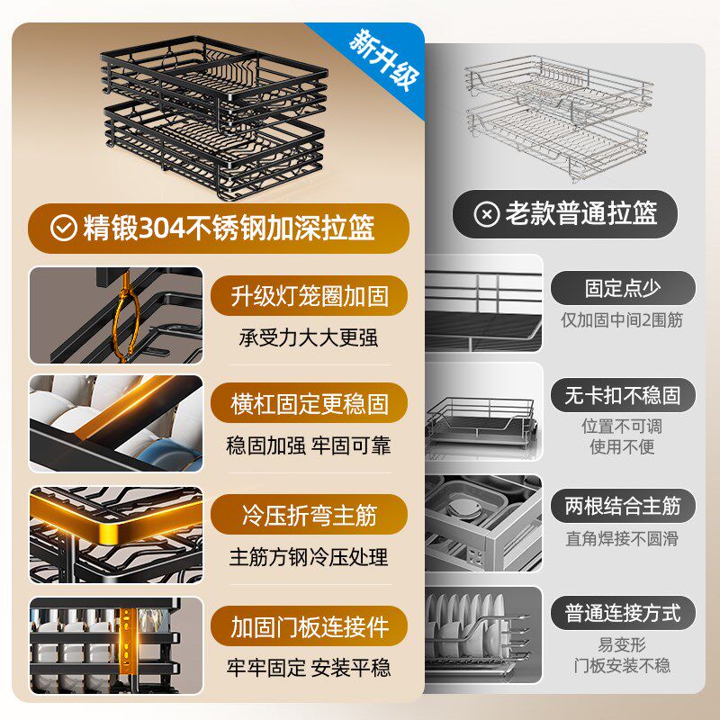 拉篮厨房橱柜抽屉式双层内置碗篮架304不锈钢拉篮调味料收纳拉篮