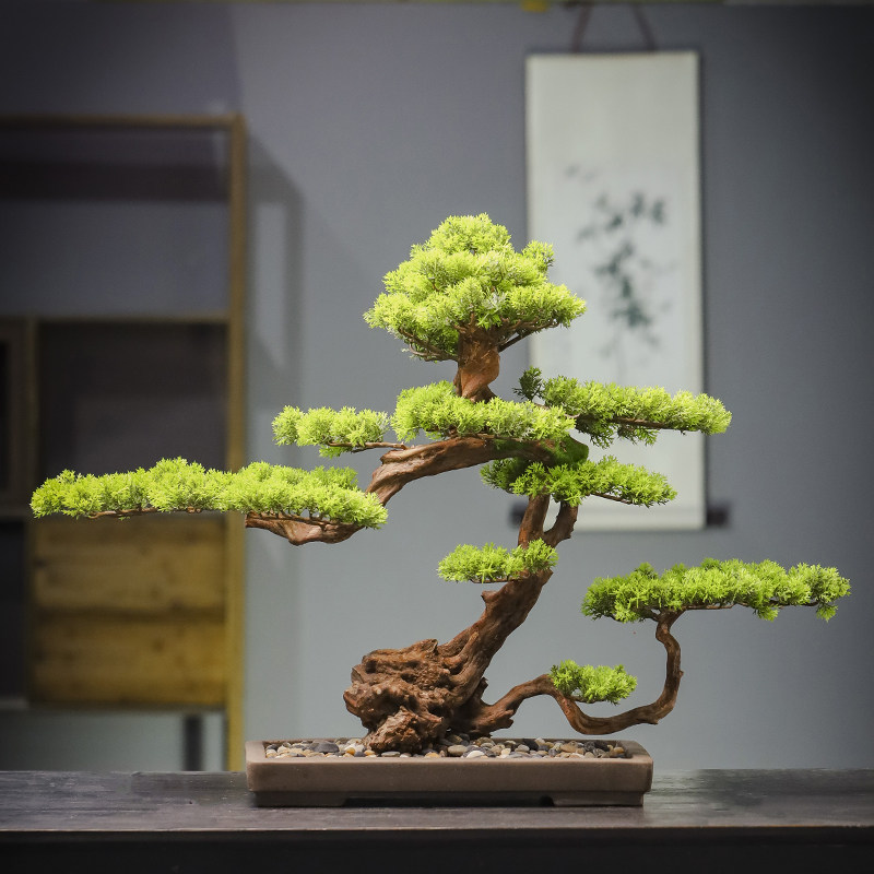 新中式迎客松盆景客厅玄关假松树摆件室内绿植物装饰仿真树造景高