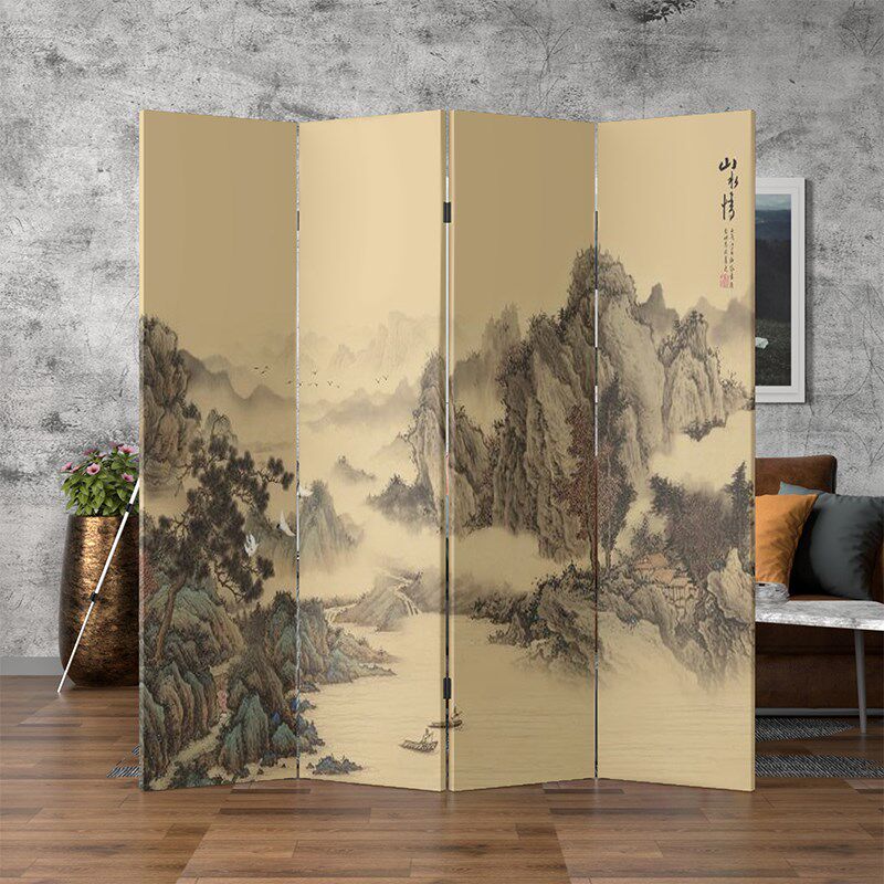 新中式复古山水屏风折叠移动客厅入户卧室遮挡包边折屏不透光隔断