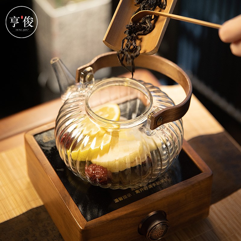 玻璃花茶壶水果养生煮茶壶大容量梁壶胡桃木泡茶炉家用围炉煮茶器