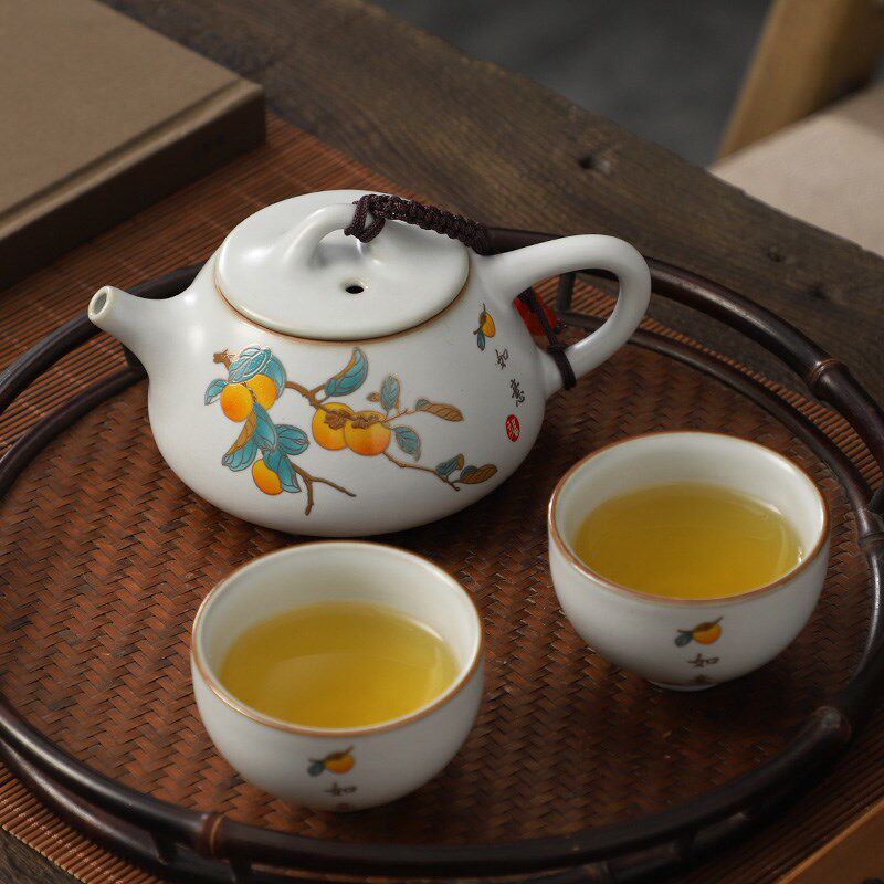 月白汝窑石瓢壶创意柿子陶瓷复古开片茶壶家用功夫茶具泡茶壶单壶