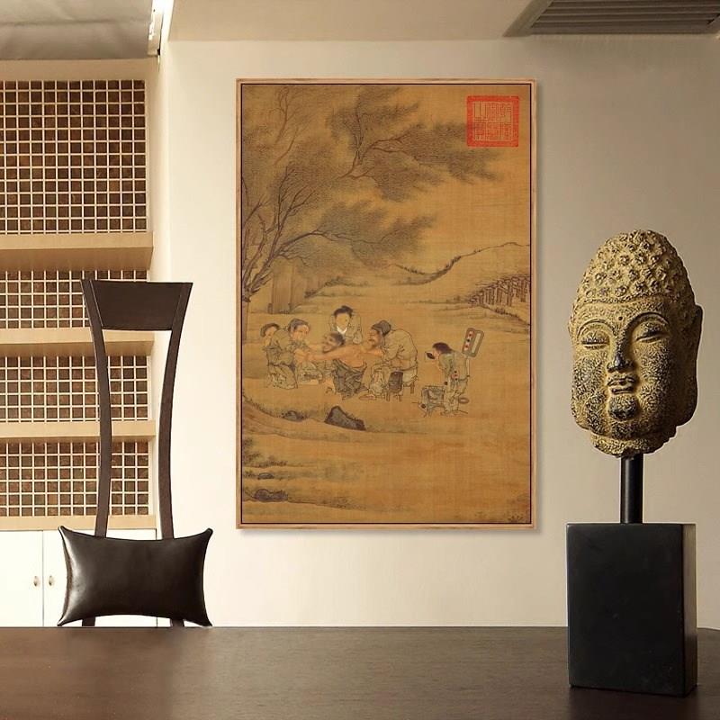 李唐炙艾图挂画中医养生馆装饰画新中式客厅玄关画针灸诊所墙壁画