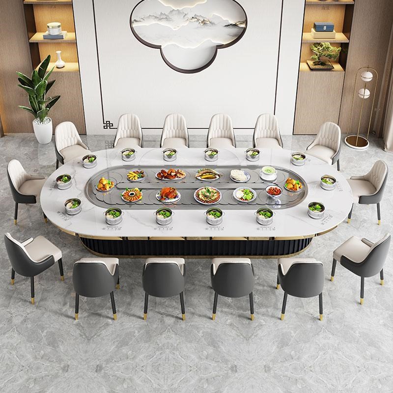 长方形自动旋转餐桌2030人岩板椭圆形电动餐桌饭店包厢输送带餐桌