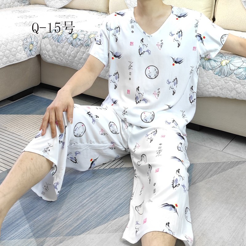 夏季男士棉绸睡衣短袖七分裤休闲绵绸薄款宽松两件套人造棉家居服