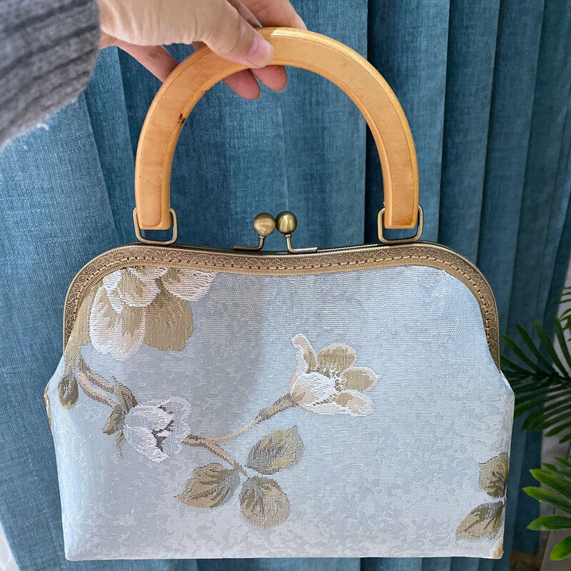 【半成品 自己做】DIY手工26cm原木提手绣花牡丹口金材料包