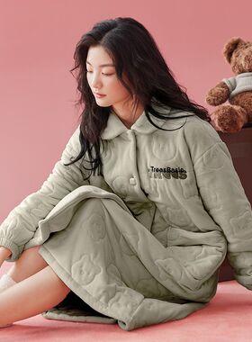 女士珊瑚绒睡袍冬季三层夹棉加绒加厚空气棉可爱休闲长款浴袍睡衣