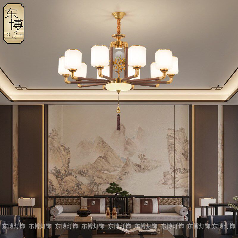 新中式吊灯全铜客厅灯实木餐厅卧室灯设计师摇钱树高端胡桃木灯具