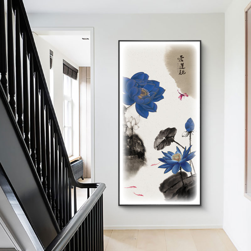 入户玄关带灯晶瓷挂画走廊过道LED发光荷花高档装饰画竖版新中式