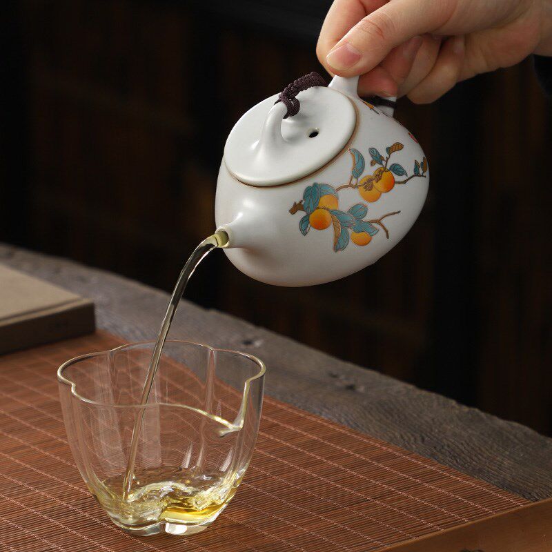 月白汝窑石瓢壶创意柿子陶瓷复古开片茶壶家用功夫茶具泡茶壶单壶