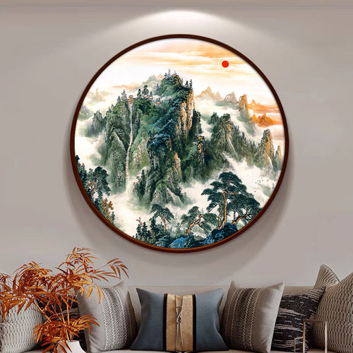 玄关山水新中式挂画客厅背景墙圆形装饰画家有靠山招财办公室壁画