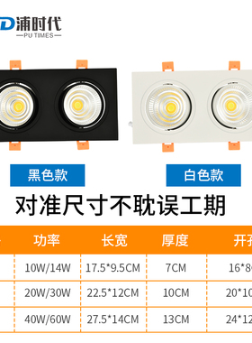 led双头射灯双孔20*10嵌入式格栅天花灯8*16方形黑色斗胆灯展厅灯