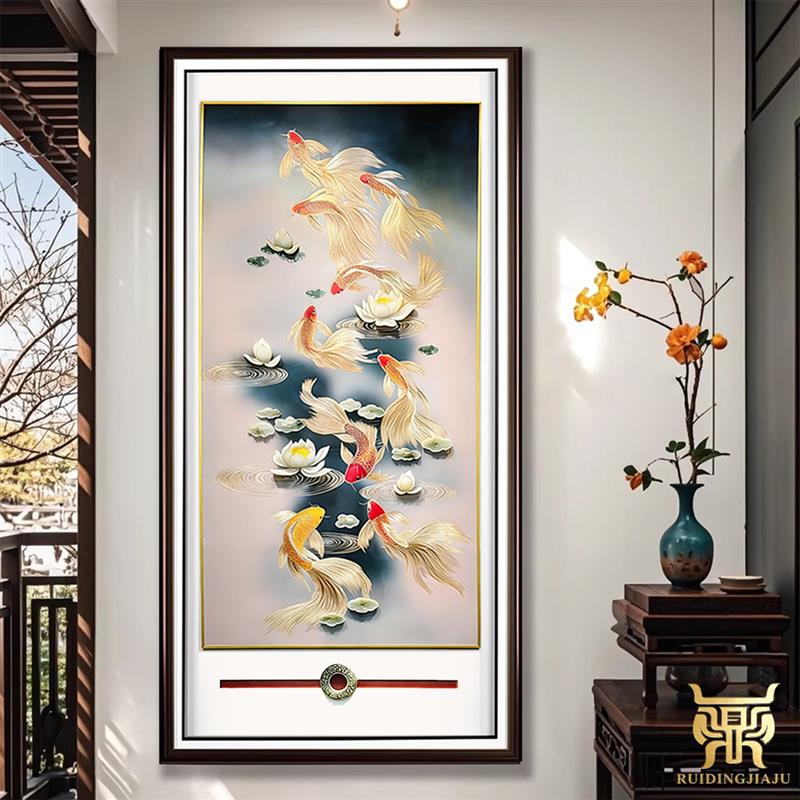 新品铜雕装饰画入户玄关手工雕刻铜镶玉客厅新中式竖版九鱼图挂画