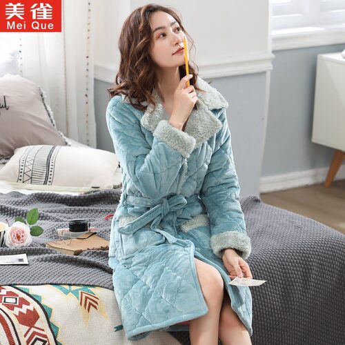 睡袍女冬加长款珊瑚绒睡衣三层夹棉加绒加厚女士家居服浴袍秋冬款