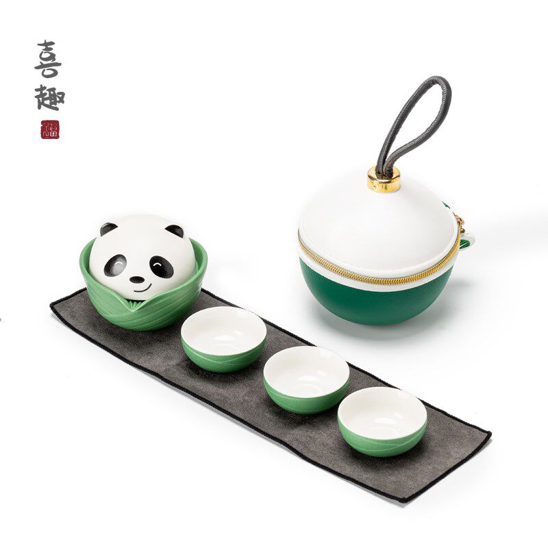 喜趣熊猫端午节礼品便携式旅行茶具套装快客杯户外露营干泡盘定制