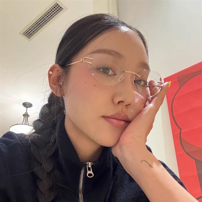 复古无边框金属金丝边猫眼眼镜方圆脸显瘦防蓝光平光镜老钱风女款