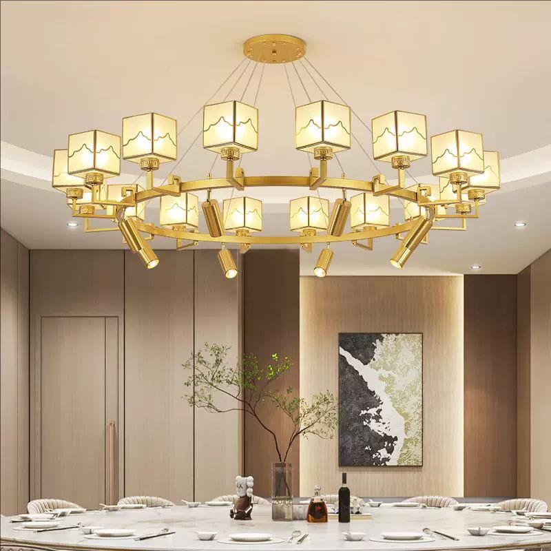 新中式餐厅吊灯圆形带射灯中国风饭店包厢包湘菜馆间灯宴会厅灯具