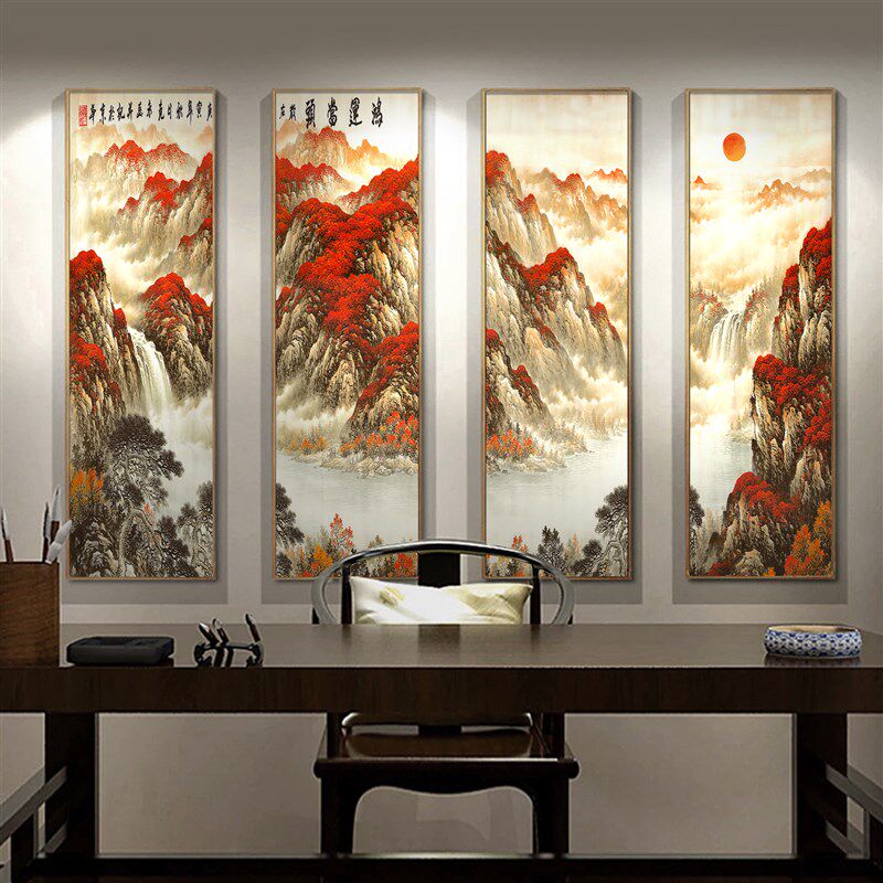 山水画墙画客厅挂画新中式沙发背景墙装饰画茶室竖版大气风景壁画