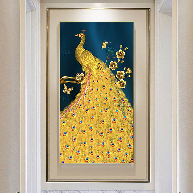 玄关孔雀竖版大壁画客厅走廊入户装晶瓷饰画现代轻奢过道水晶镶钻