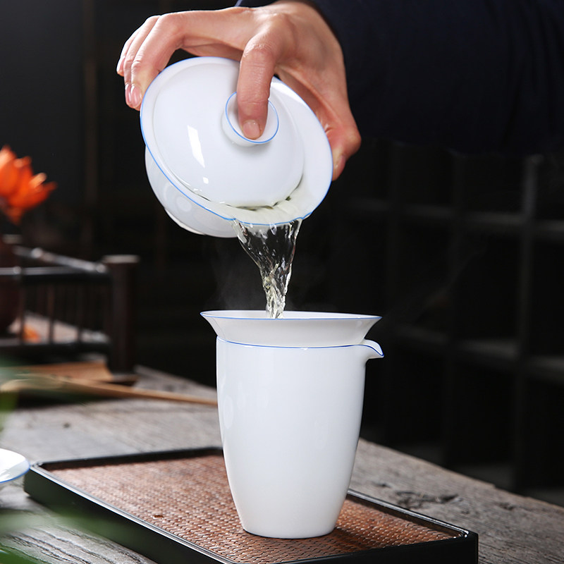 薄胎三才盖碗茶杯景德镇陶瓷甜白玉瓷白瓷功夫茶具大号泡茶碗单个