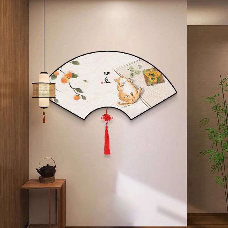 扇形扇面挂画中国结新中式客厅装饰画饭店背景墙柿子墙面壁画