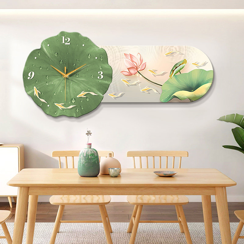 新中式餐厅装饰画荷花九鱼饭厅背景墙挂画现代轻奢客厅带时钟挂画
