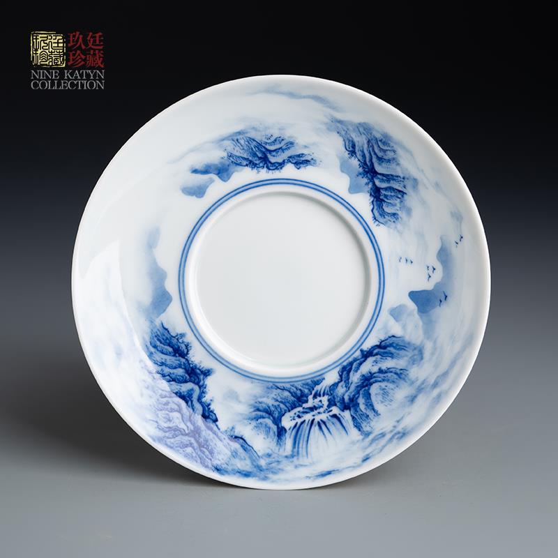 景德镇手工陶瓷手绘山水飞瀑盖碗青花瓷器泡茶碗高端功夫茶具单品