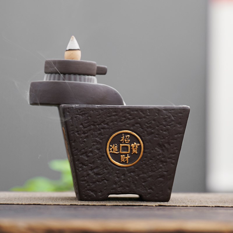 时来运转创意沉香瀑布流云观赏客厅中式装饰陶瓷倒流香炉摆件