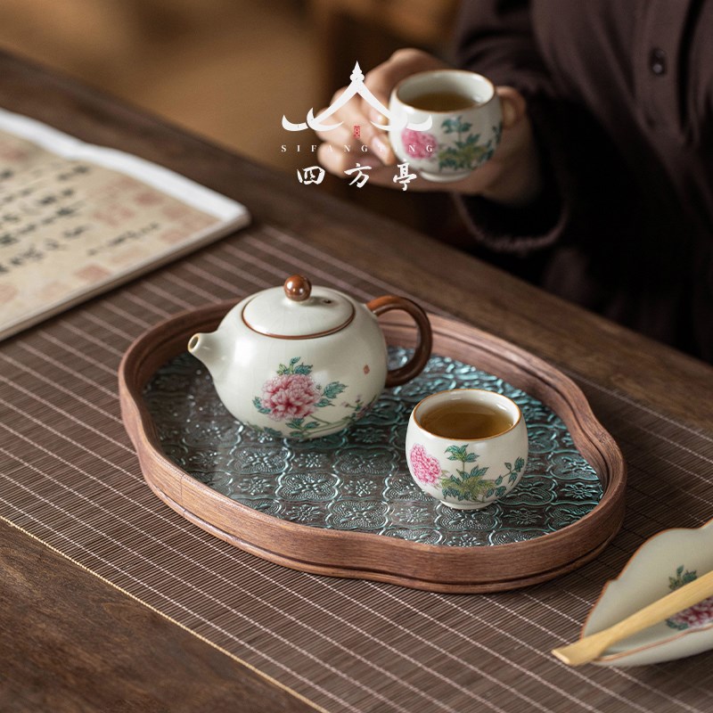 干泡盘海棠花家用小型泡茶台托盘茶盘点心盘果盘实木收纳盘茶室