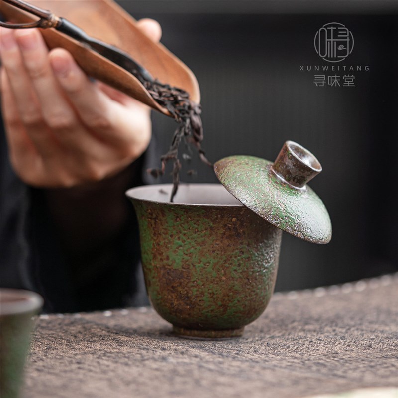 老岩泥青苔绿粗陶二才盖碗复古原矿陶瓷小号泡茶碗中式功夫茶具