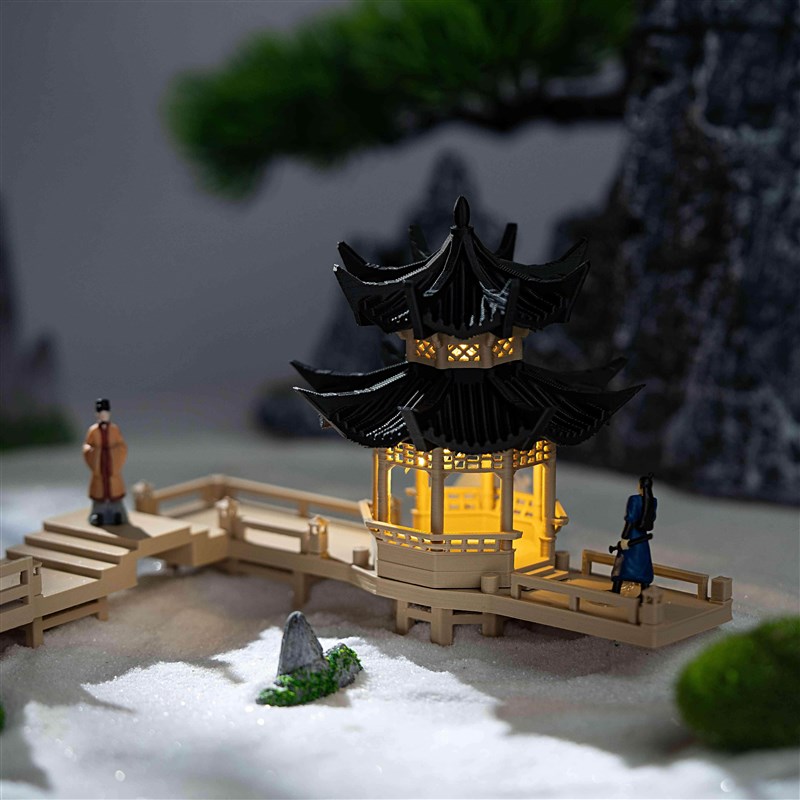 微景观造景带灯八角阁楼凉亭小摆件微景观鱼缸造景中式古建筑模型