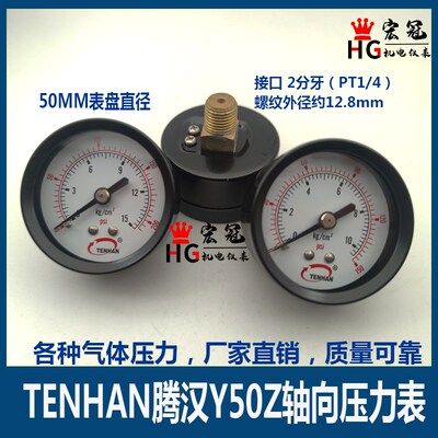 腾汉TENHAN英文压力表Y50Z轴向2 P-AD气压表5kg10kg15kg 1/4 2分