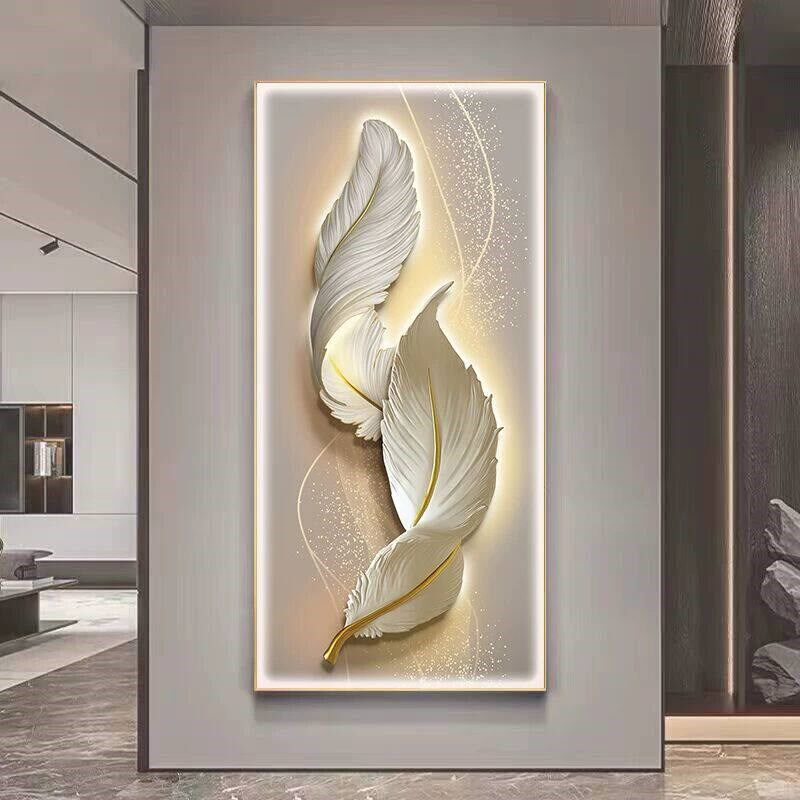 现代轻奢玄关入户门羽毛装饰画Led灯高级入户正对门走廊过道挂画