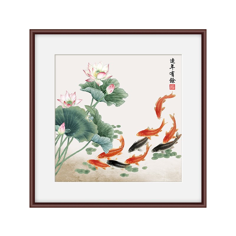 斗方国画九鱼花鸟新中式玄关山水挂画茶室壁画客厅装饰画过道