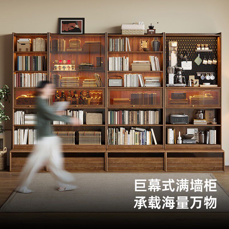实木书柜一体整墙白蜡木家具客厅落地储物柜置物收纳卡座书柜一体