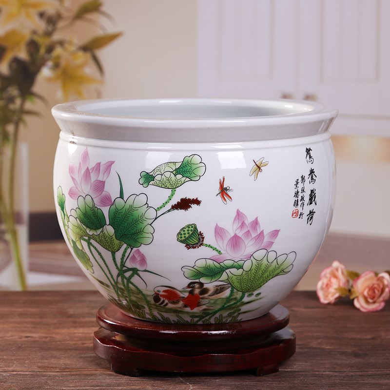 景德镇陶瓷器粉彩花盆大号水培碗莲睡莲铜钱草绿萝盆栽庭院金鱼缸