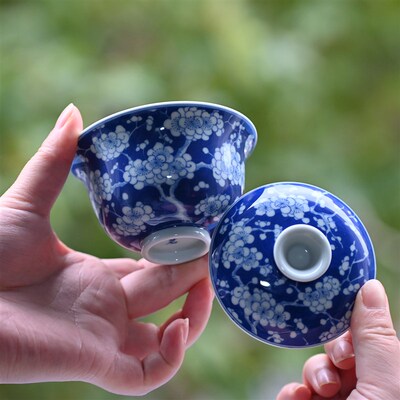 沁茗堂 景德镇青花手绘冰梅盖碗 纯手工陶瓷复古功夫茶具泡茶碗