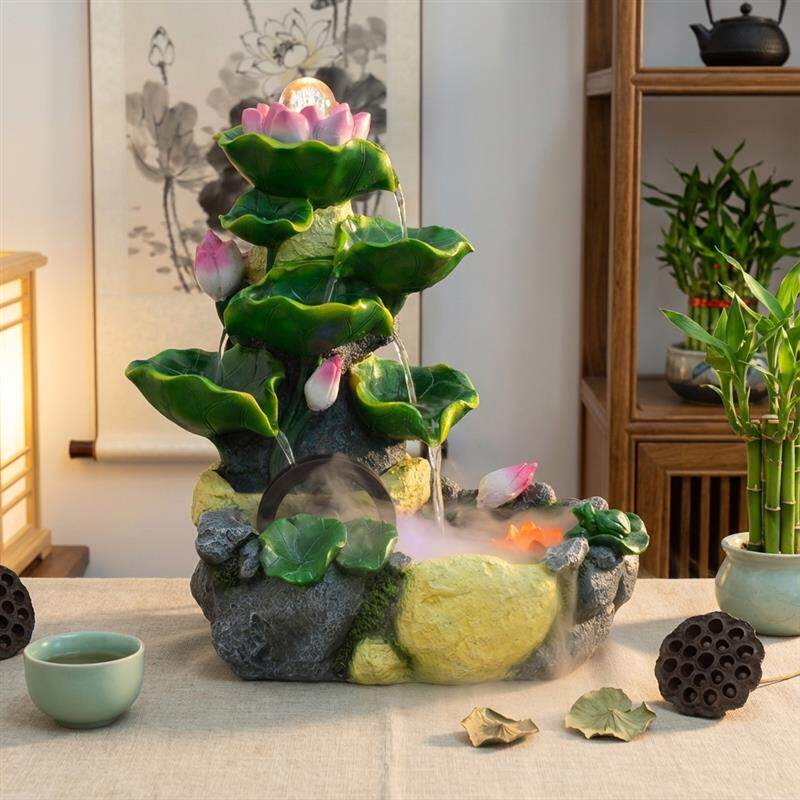 中式荷花桌面招财风水轮鱼缸流水摆件循环水喷泉造景开业乔迁礼品