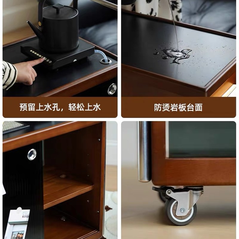 复古风实木移动茶水柜闲着泡茶柜客厅沙发边柜小户型小推车储物柜