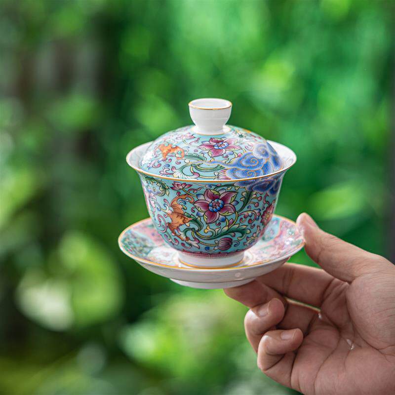 珐琅彩德化白瓷盖碗羊脂玉陶瓷茶具茶杯敬茶碗家用三才功夫泡茶碗