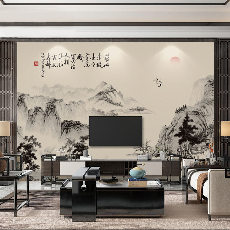 新中式墙板客厅电视背景墙水墨山水中国古风字画竹木纤维集成墙板