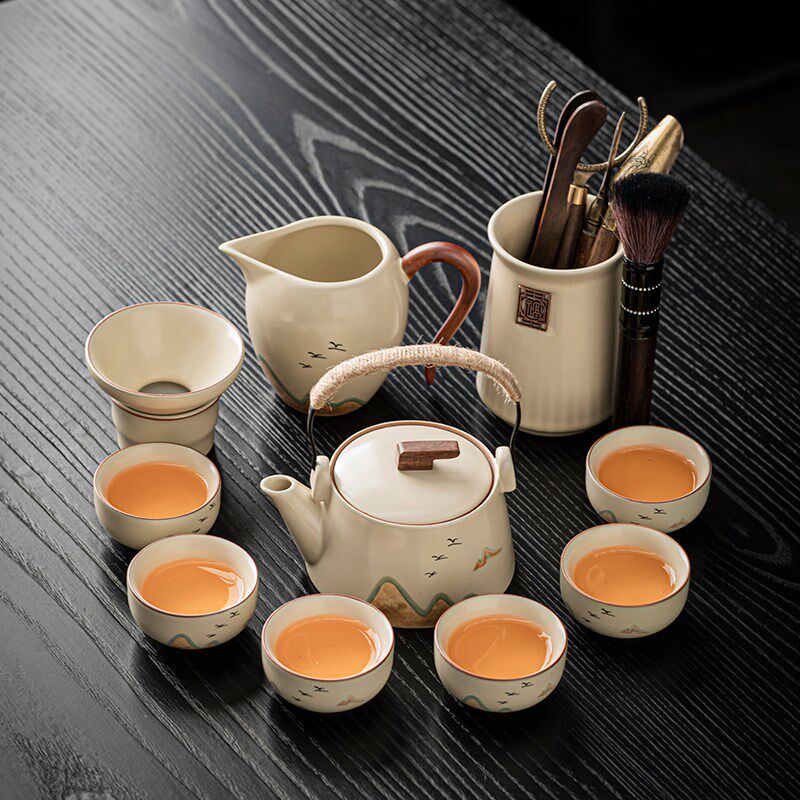 新款远山米黄汝窑茶具套装家用茶壶盖碗功夫茶杯高档轻奢茶盘整套