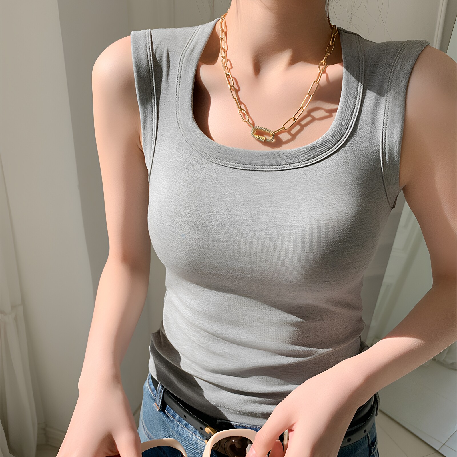 夏季修身复古撞色U领吊带背心女