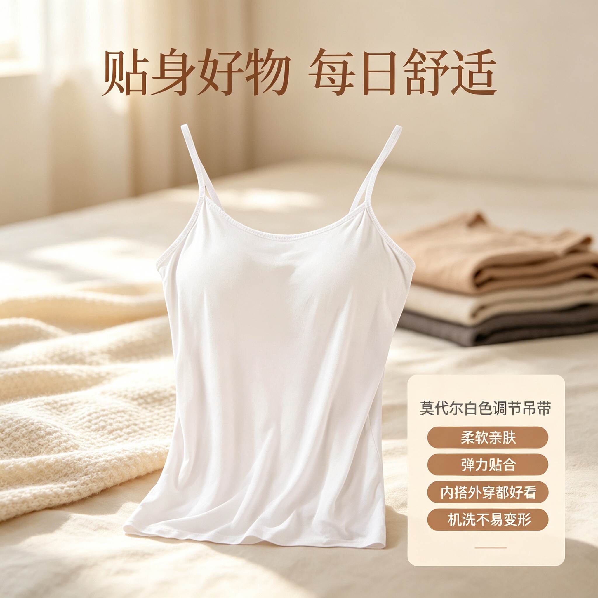 莫代尔白色调节带胸垫吊带背心女