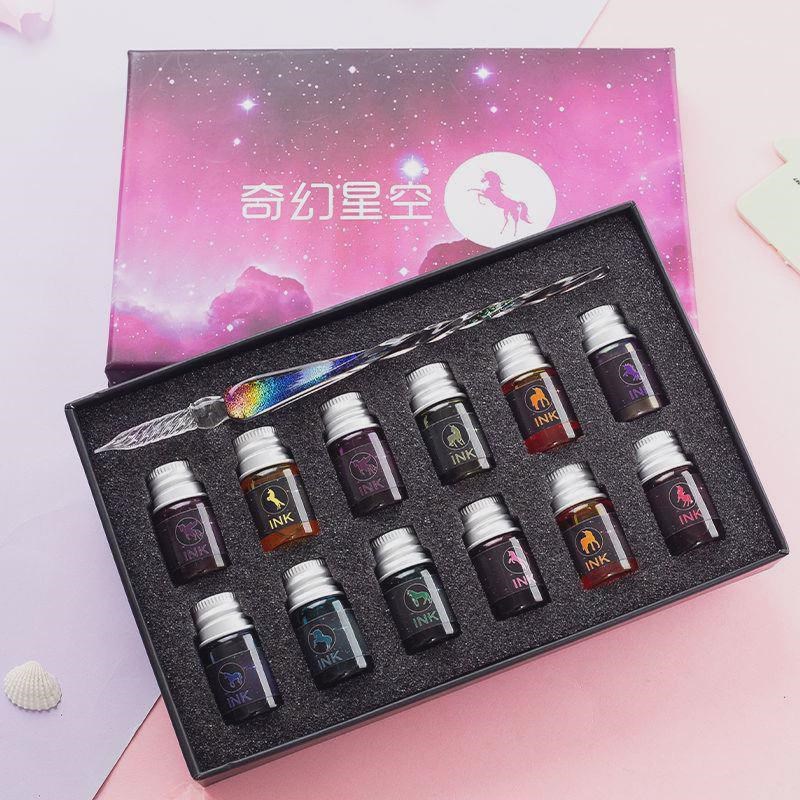 玻璃笔星空蘸水钢笔水晶笔古风彩墨流沙笔学生网红十二星座玻璃笔