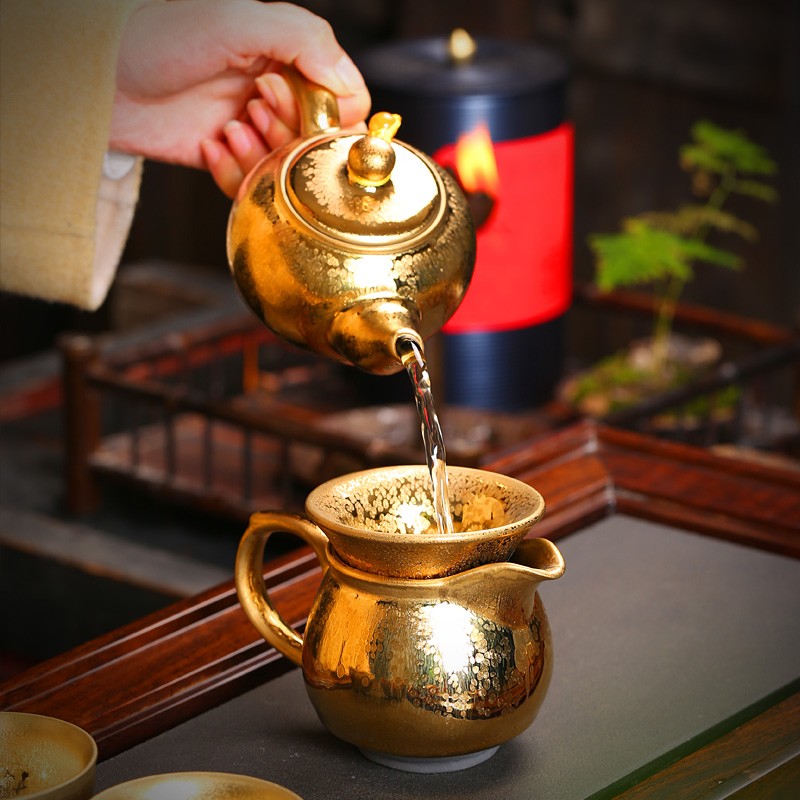 鎏金建盏茶壶功夫茶具普洱泡茶壶套装陶瓷过滤单壶大号泡茶器家用