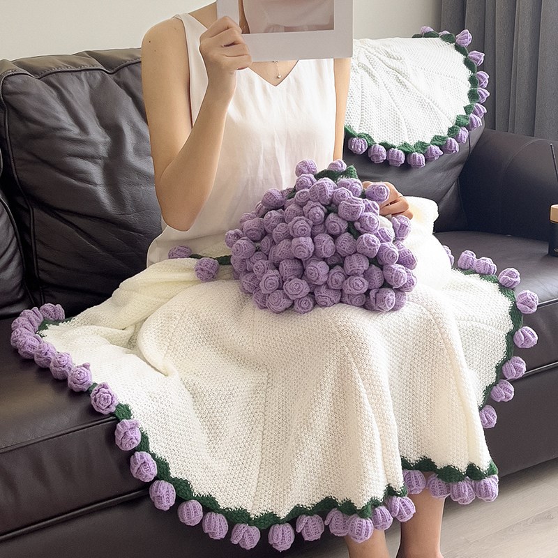 玫瑰花束针织棉毯子手工编织包毛线团钩织花朵毛毯花勾针铃兰花