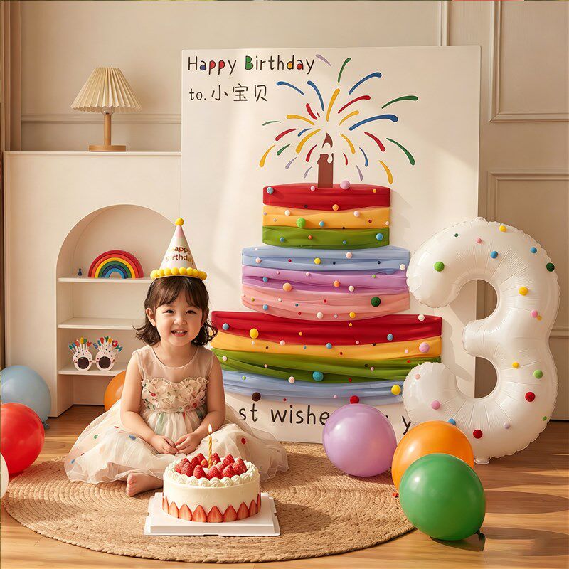 生日布置装饰网纱蛋糕KT板仪式感小女孩3户外拍照道具数字2岁男孩